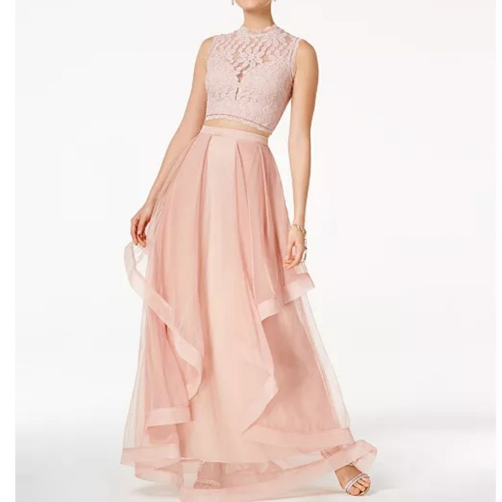 SPEECHLESS - Size 7 - Juniors' 2-Pc. Glitter Pink Lace & Mesh Gown